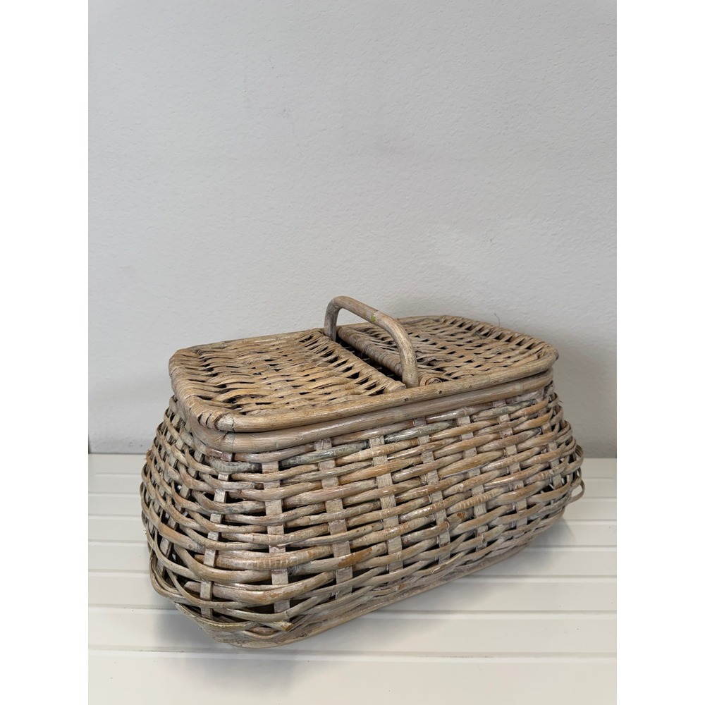 Vintage Woven Wicker Picnic Basket Double Lid Wood Base Farmhouse Grey Wash